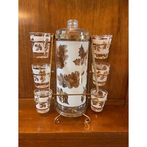 Vintage MCM LIBBEY Gold Leaf liquor dispenser with shot glasses